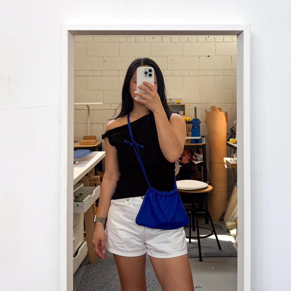 Drawstring Crossbody Bag | Royal Blue Twill